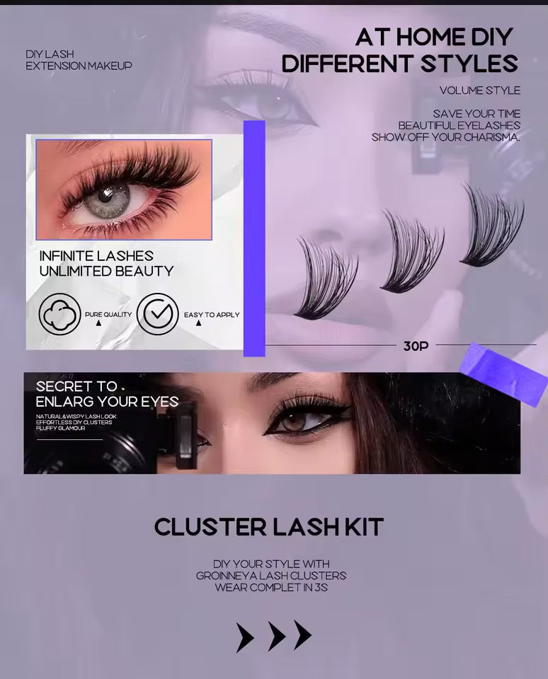 GROINNEYA DIY Lash Extension Kit Individual Lashes Cluster Mix Eyelashes Full Set Lashes Kit with Lash Bond and Seal At Home